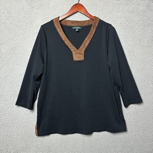Lauren Ralph Lauren Top 2X Plus Western V Neck Suede Trim Black 3/4 Sleeve